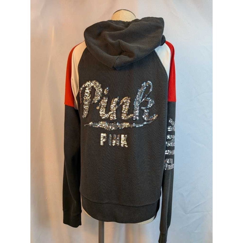 Pink Victoria's Secret Sequin Logo‎ Zip Hoodie Jacket L Red Black White RARE